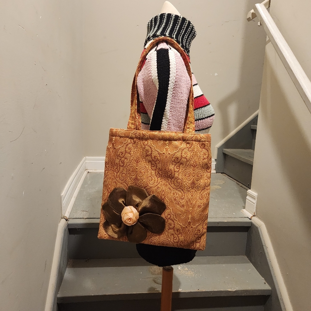 Handmade Gold Brocade Tote Bag With Floral Detail